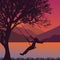 Girl swing in tree near lake during sunset enjoy time moment silhouette