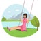 Girl swinging flat illustration. Girl having fun outdoor vector concept.
