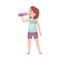 Girl in T-shirt Drinking Cool Water from Bottle Because of Hot Weather Vector Illustration