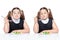 Girl at the table eating salad, overweight child. proper nutrition for schoolchildren .