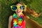 Girl take self portrait after Carnival party. Selfie of young woman with big funny sunglasses and carnival garland lying on grass