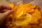 The girl takes a chip from a round dish with potato chips and a saucepan with cheese sauce in the center of the plate. Close up