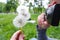 The girl takes pictures of dandelions on the camera. St. Veronica's Day Photographer's Day .