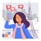 A girl takes a selfie against the background of the Eiffel tower. Stylized illustration of a travel blogger