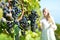 Girl tasting wine among vineyards