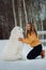 Girl teaches how to stand a dog in winter park. The girl with the Maremma . Forest on background