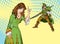 Girl teaching a man. Teaching princess. Lady in medieval dress. Medieval legend. Medieval woman. Robin Hood.