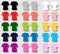 Girl tee shirt vector set cartoon color unisex women t-shirt. Basic multi color vector collection.