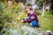 Girl teen picking Chaenomeles fruits