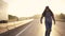 Girl teenager skateboarding on a deserted highway at sunset. Red-haired girl in ragged jeans and headphones