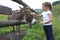 Girl tenderly stroking a donkey.