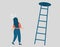 Girl thinks to make a decision about the next step to take in the future. Woman stands next to the stairs and looks to the top