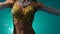 Girl torso traditional oriental belly dancer. Smoke background. Slow motion. Close up