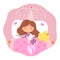 Girl with toys sleeping in bed at home. Little child in bedroom indoor vector illustration. Happy kid lying on pillow