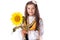Girl in traditional Bulgarian folklore costume and sunflower. Kid portrait