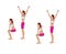 Girl is training at home. Stretching the muscles of the hands, legs and spine. Exercises and gymnastics. Isolated on a white backg