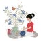 The girl transplants houseplants isolated on a white background. Woman caring for flowers. Illustration in hand drawn