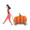 Girl Transporting Big Pumpkin on Cart, Female Farmer Character with Natural Organic Vegetable Vector Illustration