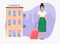 Girl with travel bag. Hotel facade on background. Travel and tourism. Flat design modern vector illustration concept.