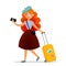 Girl traveler with a suitcase, bag and phone with cute red hair travelling and having fun. Happy tourist isolated on