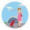 Girl travels with luggage. Girl with a tourist suitcase against the background of the airport with a take-off airplane. Vector