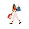 Girl in Trendy Clothes Walking with Shopping Bags, Young Woman Shopping, Seasonal Sale at Store, Mall or Shop Vector