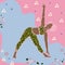 Girl in triangle yoga pose. Dark skinned woman with curly hair and in green sport costume on pink background with blue