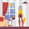 Girl with umbrella in apartment, vector illustration. Rainy weather in window, young woman in stylish outfit ready to go