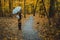 Girl with umbrella on the autumnal colorful forest path