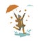 Girl with umbrella jumping jumping for joy, fall autumn seasonal vector illustration