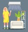 Girl under the air conditioner enjoys the coolness of heating ventilation and air conditioning Vector illustration