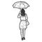 Girl under the umbrella leaves. Full height. Engraving raster illustration.