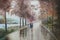 Girl under an umbrella walking in the rain along the alley of the city. Hand oil painting on canvas