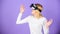 Girl use modern technology vr headset. Explore virtual reality. Digital device and modern opportunities. Woman hold vr