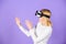Girl use modern technology vr headset. Interact alternative reality. Digital device and modern opportunities. Woman head