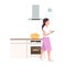 Girl using smartphone at kitchen semi flat color vector character