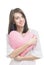 Girl with valentine pink pillow heart