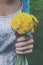 Girl in vintage dress holding bunch of yellow dandelions