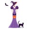 Girl in vintage halloween costume of witch in flat style, color vector illustration