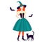 Girl in vintage halloween costume of witch in flat style, color vector illustration