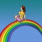 The girl visionary young woman sitting on a rainbow