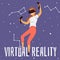 Girl with vr devices and 3d goggles playing in virtual augmented reality game.