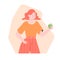 Girl waist-high with an apple.