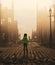 Girl walking alone in abandoned city