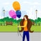 Girl Walking in City Park with Bunch of Balloons.