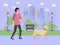 Girl walking with dog in park vector illustration. Lady in pink jacket with smartphone, cute dog, trees and grass.