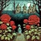 Girl walking in the garden with red roses. Fairy tale illustration