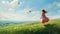 Girl Walking In Meadow With Flowering Shrubs And Butterflies