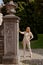 Girl walking park grass trees, Great Beguinage, Groot Begijnhof, Leuven, Belgium