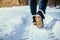 Girl is walking on snow, wintertime, cut out